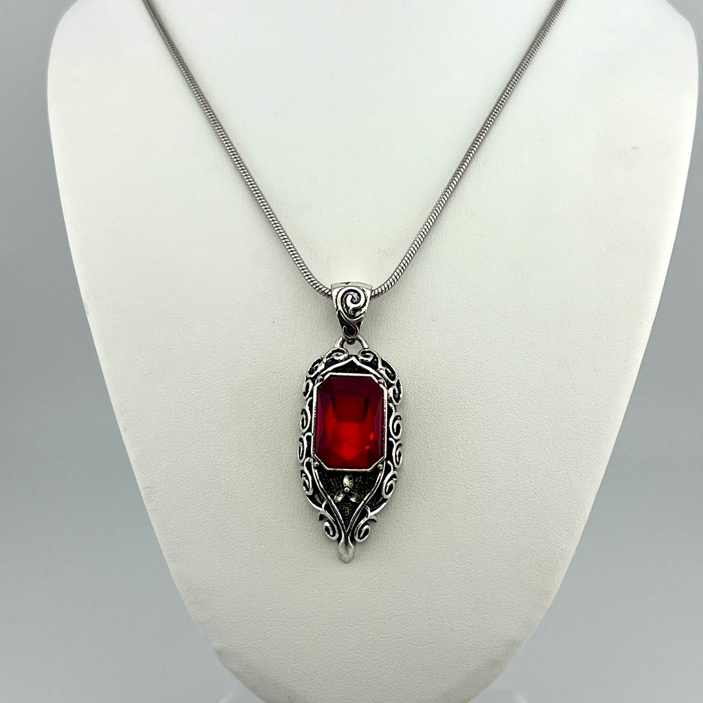 Goth Style Silver Toned Necklace With Red Rhinestone Pendant